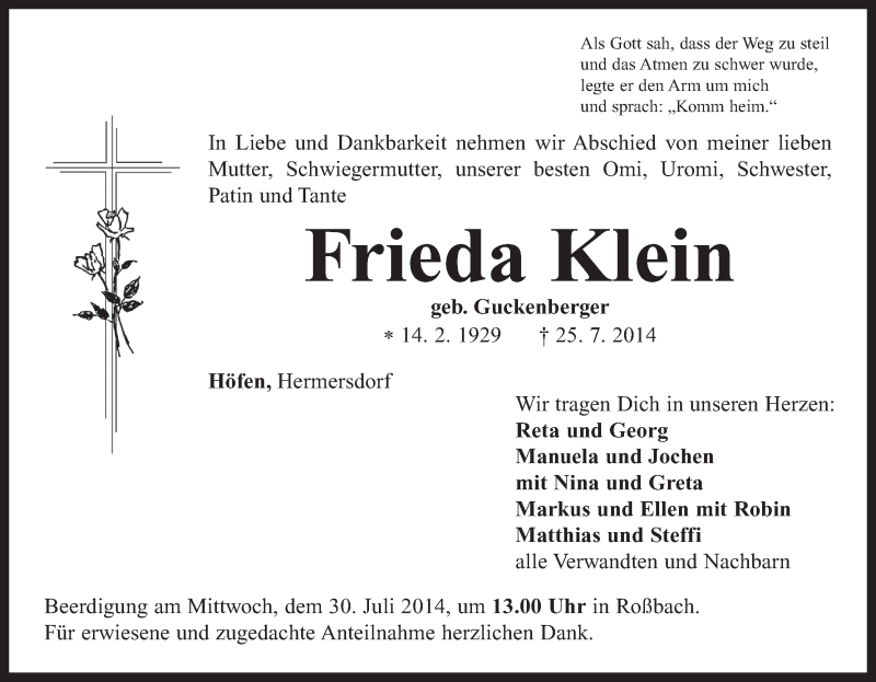  Traueranzeige für Frieda Klein vom 30.07.2014 aus MGO