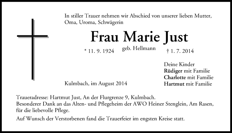  Traueranzeige für Marie Just vom 07.08.2014 aus MGO