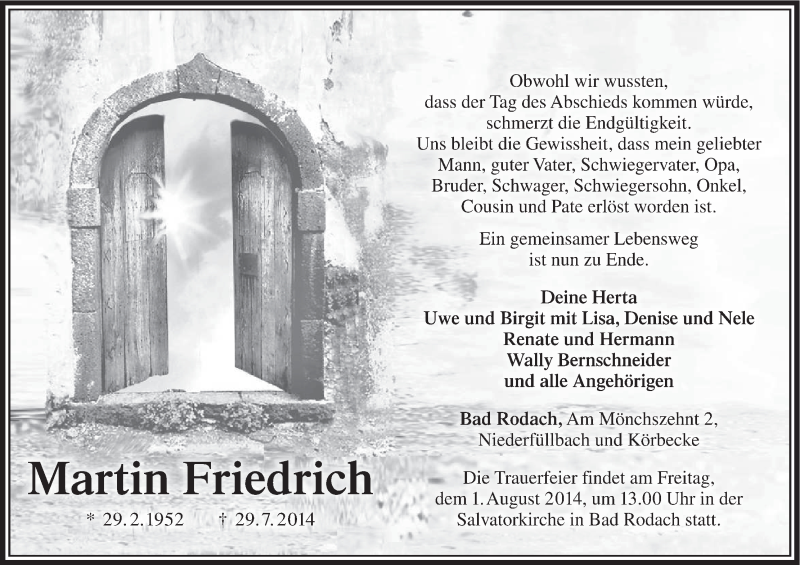  Traueranzeige für Martin Friedrich vom 31.07.2014 aus MGO