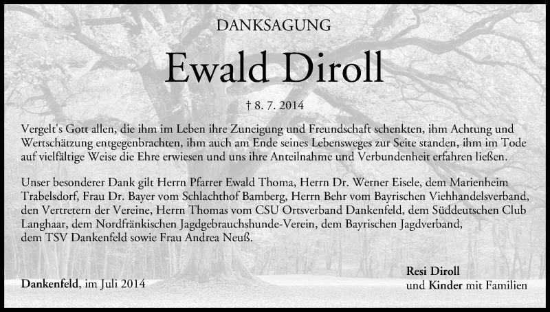  Traueranzeige für Ewald Diroll vom 02.08.2014 aus MGO