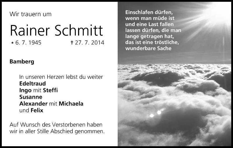  Traueranzeige für Rainer Schmitt vom 02.08.2014 aus MGO