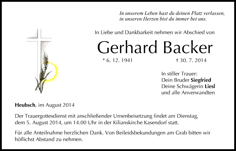  Traueranzeige für Gerhard Backer vom 02.08.2014 aus MGO