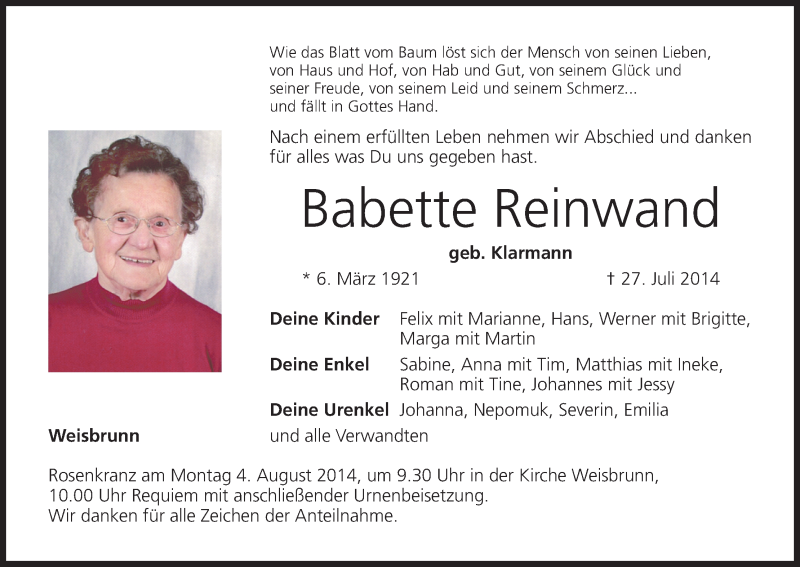  Traueranzeige für Babette Reinwand vom 01.08.2014 aus MGO