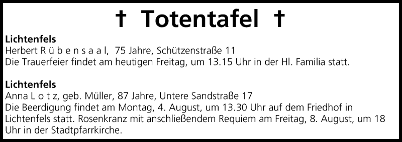  Traueranzeige für Totentafel vom 01.08.2014 vom 01.08.2014 aus MGO