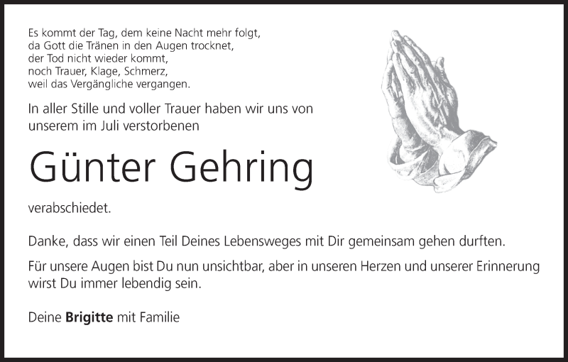  Traueranzeige für Günter Gehring vom 02.08.2014 aus MGO