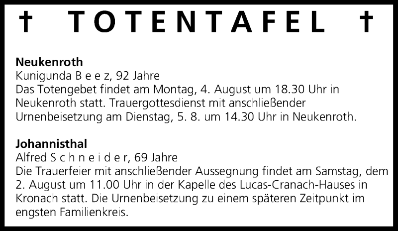  Traueranzeige für Totentafel 02.08.2014 vom 02.08.2014 aus MGO