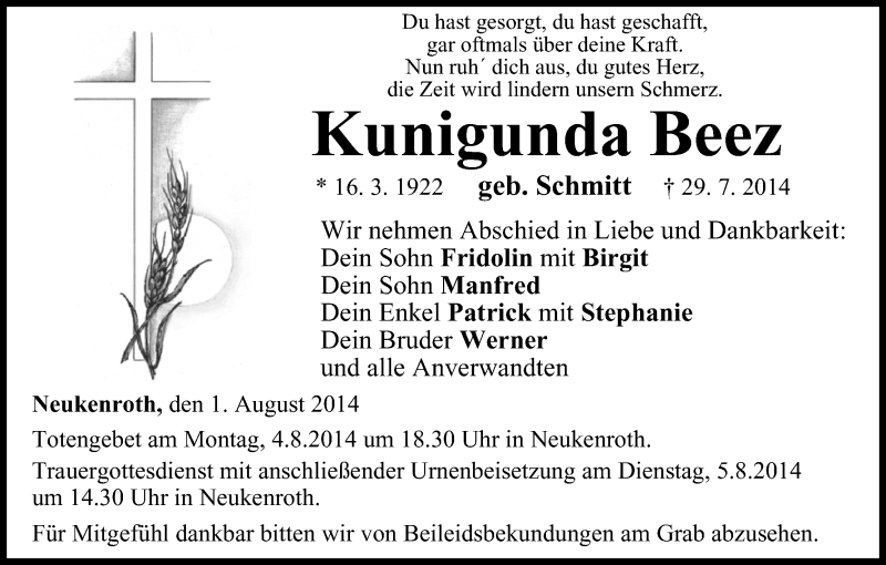  Traueranzeige für Kunigunda Beez vom 01.08.2014 aus MGO