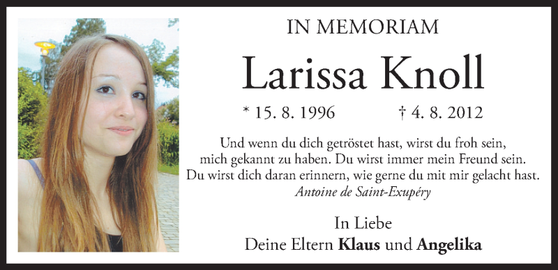  Traueranzeige für Larissa Knoll vom 04.08.2014 aus MGO