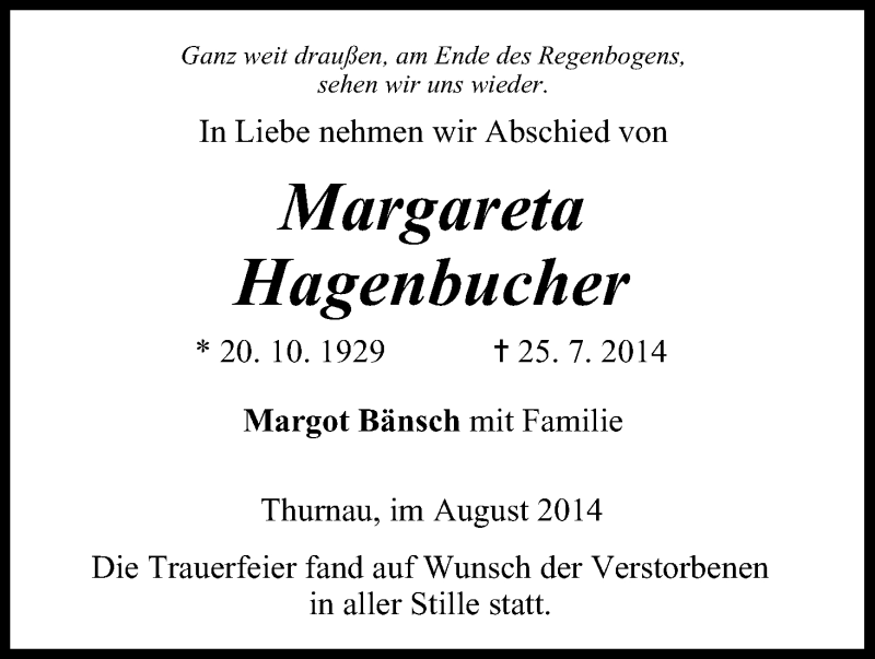  Traueranzeige für Margareta Hagenbucher vom 04.08.2014 aus MGO