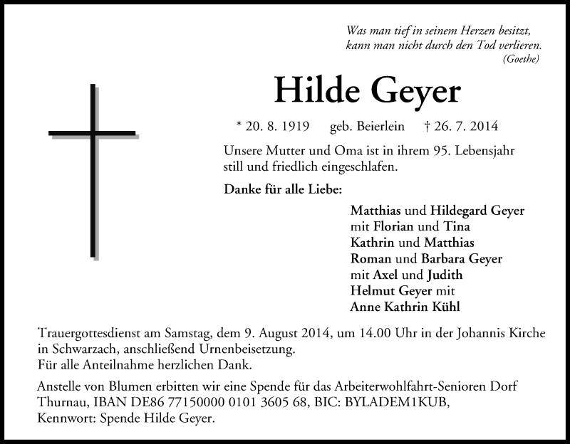  Traueranzeige für Hilde Geyer vom 06.08.2014 aus MGO