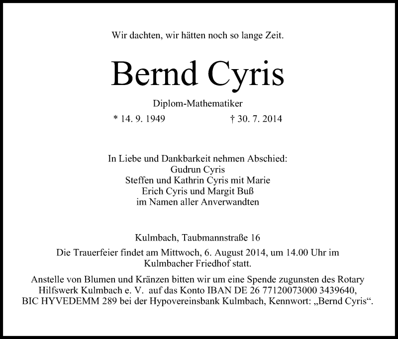  Traueranzeige für Bernd Cyris vom 02.08.2014 aus MGO