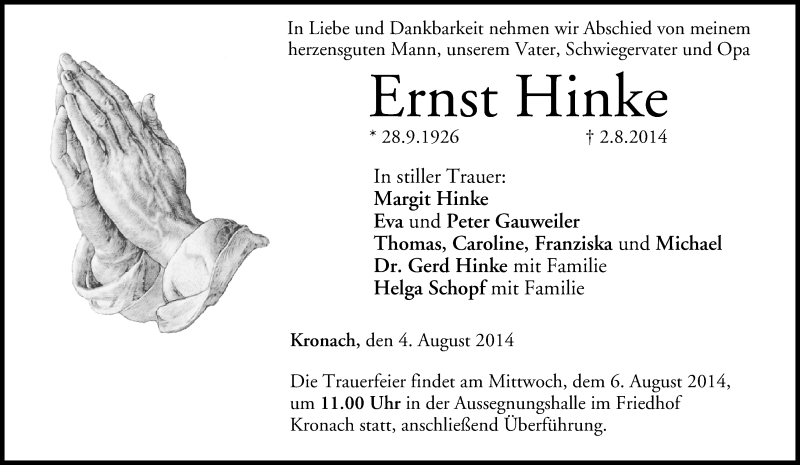  Traueranzeige für Ernst Hinke vom 04.08.2014 aus MGO