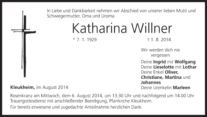  Traueranzeige für Katharina Willner vom 05.08.2014 aus MGO