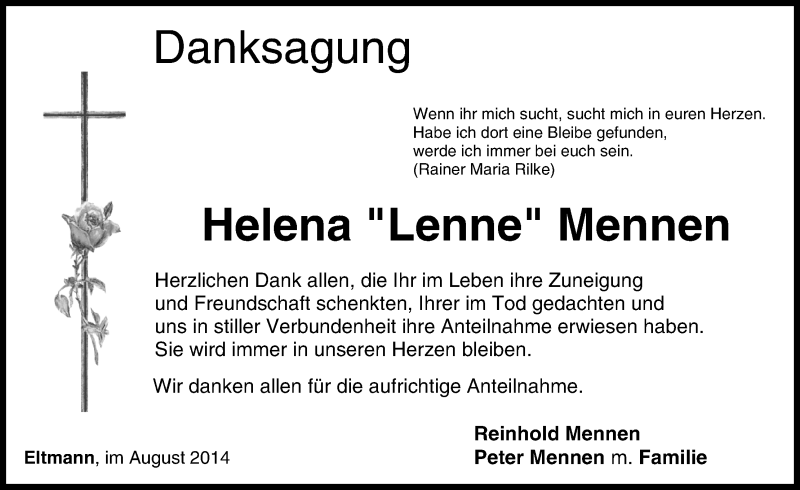  Traueranzeige für Helena Mennen vom 08.08.2014 aus MGO