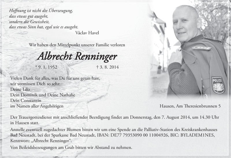  Traueranzeige für Albrecht Renninger vom 05.08.2014 aus MGO
