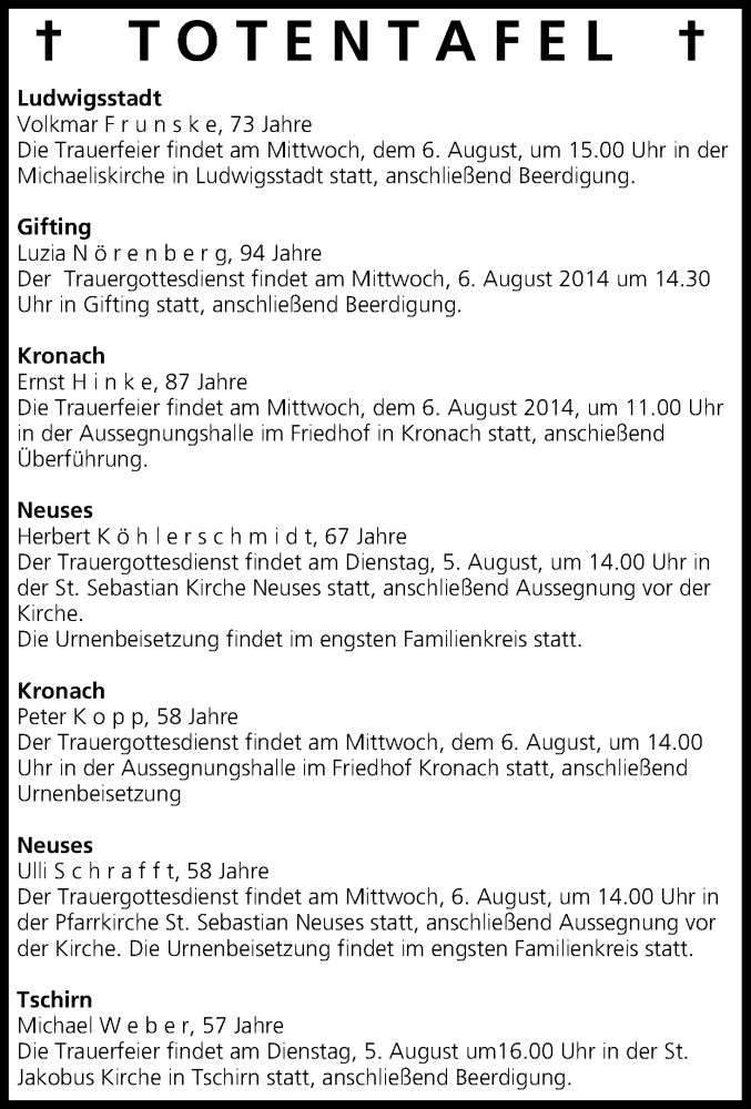  Traueranzeige für Totentafel vom 05.08.2014  vom 05.08.2014 aus MGO