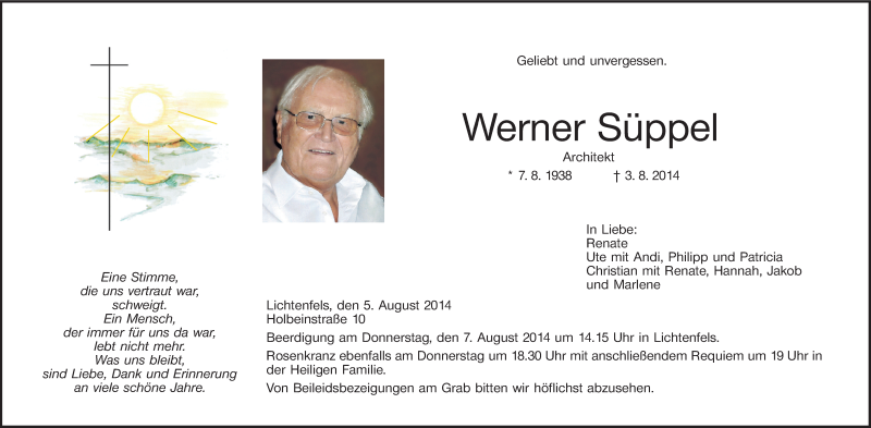  Traueranzeige für Werner Süppel vom 05.08.2014 aus MGO