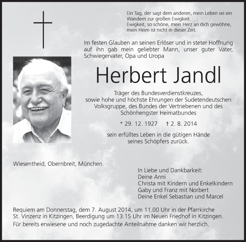  Traueranzeige für Herbert Jandl vom 05.08.2014 aus MGO