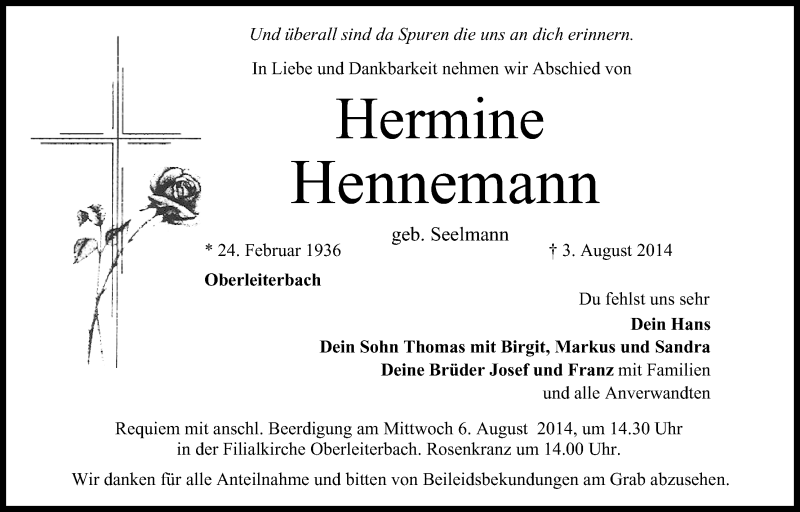  Traueranzeige für Hermine Hennemann vom 05.08.2014 aus MGO