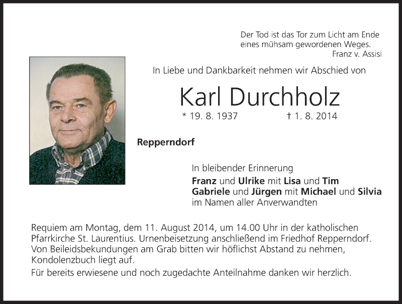 Traueranzeige für Karl Durchholz vom 06.08.2014 aus MGO