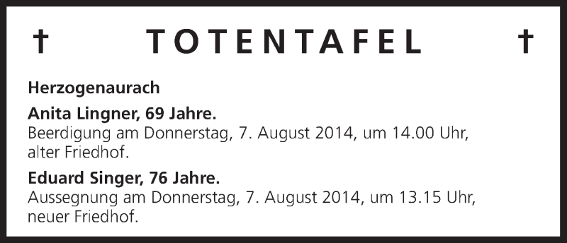  Traueranzeige für Totentafel, vom 08.06.2014 vom 06.08.2014 aus MGO