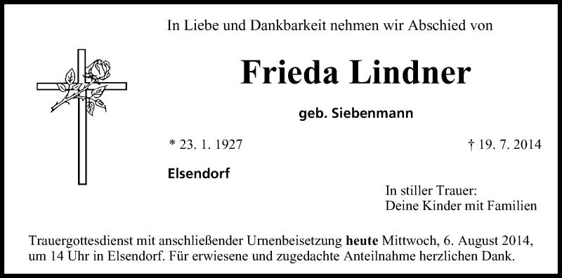  Traueranzeige für Frieda Lindner vom 06.08.2014 aus MGO