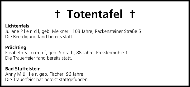  Traueranzeige für Totentafel, vom 06.08.2014 vom 06.08.2014 aus MGO