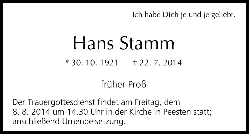 Traueranzeige für Hans Stamm vom 06.08.2014 aus MGO