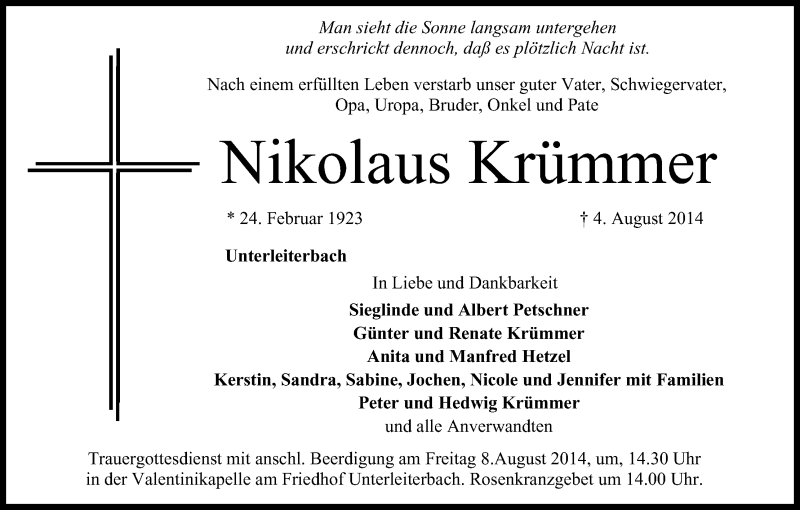  Traueranzeige für Nikolaus Krümmer vom 06.08.2014 aus MGO