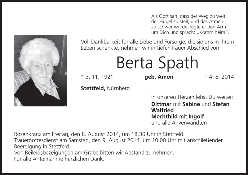  Traueranzeige für Berta Spath vom 07.08.2014 aus MGO