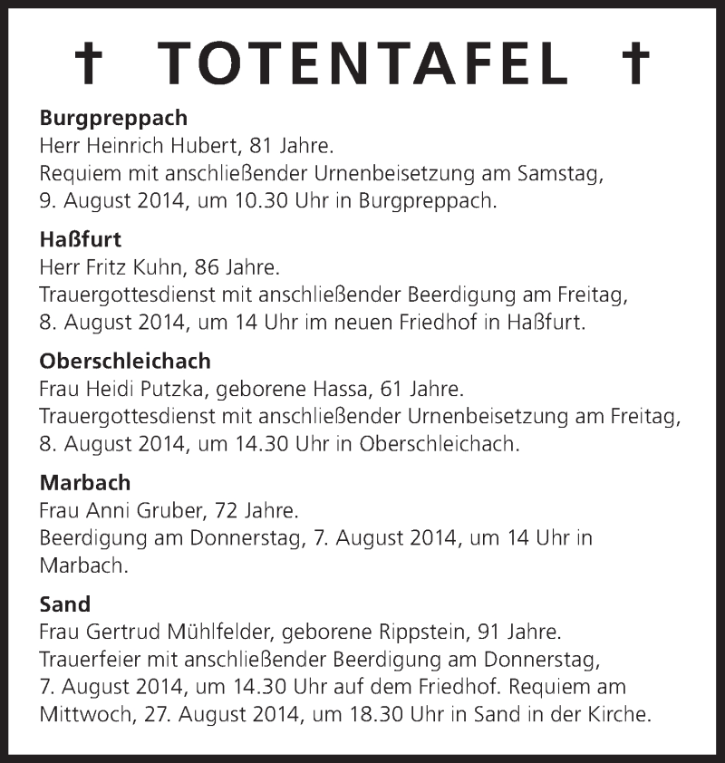 Traueranzeige für Totentafel vom 07.08.2014 vom 07.08.2014 aus MGO