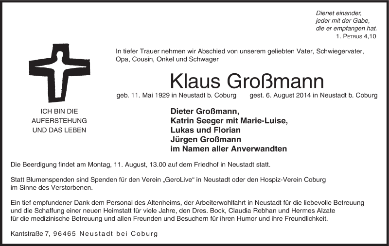  Traueranzeige für Klaus Großmann vom 08.08.2014 aus MGO