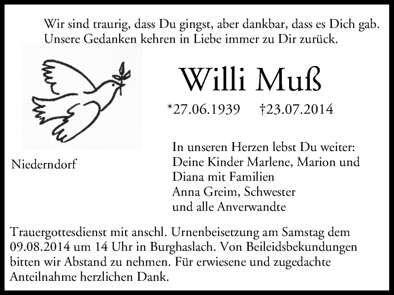  Traueranzeige für Willi Muß vom 07.08.2014 aus MGO