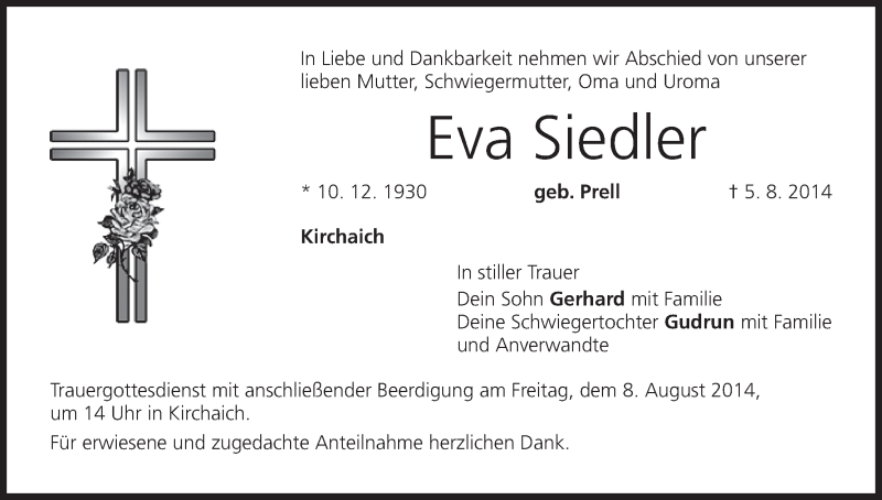  Traueranzeige für Eva Siedler vom 07.08.2014 aus MGO