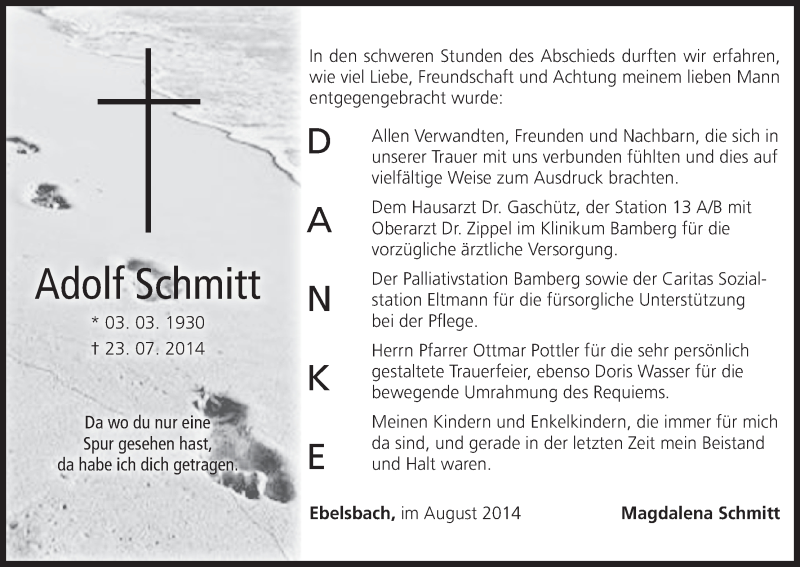  Traueranzeige für Adolf Schmitt vom 09.08.2014 aus MGO