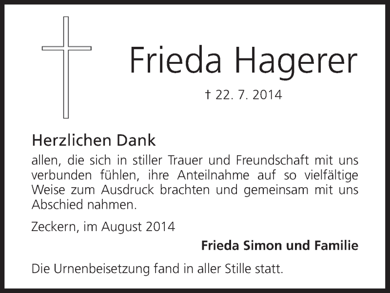  Traueranzeige für Frieda Hagerer vom 07.08.2014 aus MGO