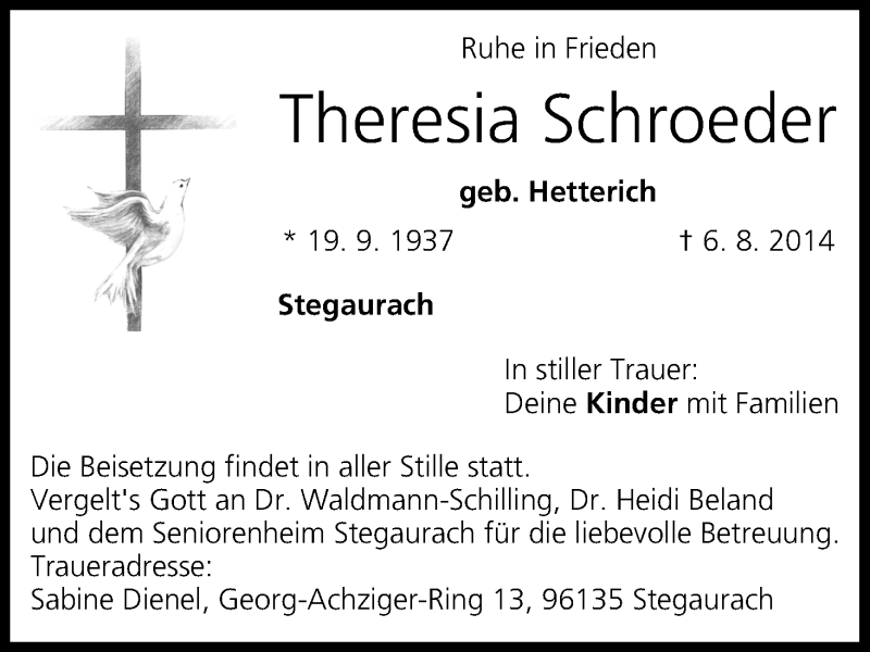  Traueranzeige für Theresia Schroeder vom 09.08.2014 aus MGO
