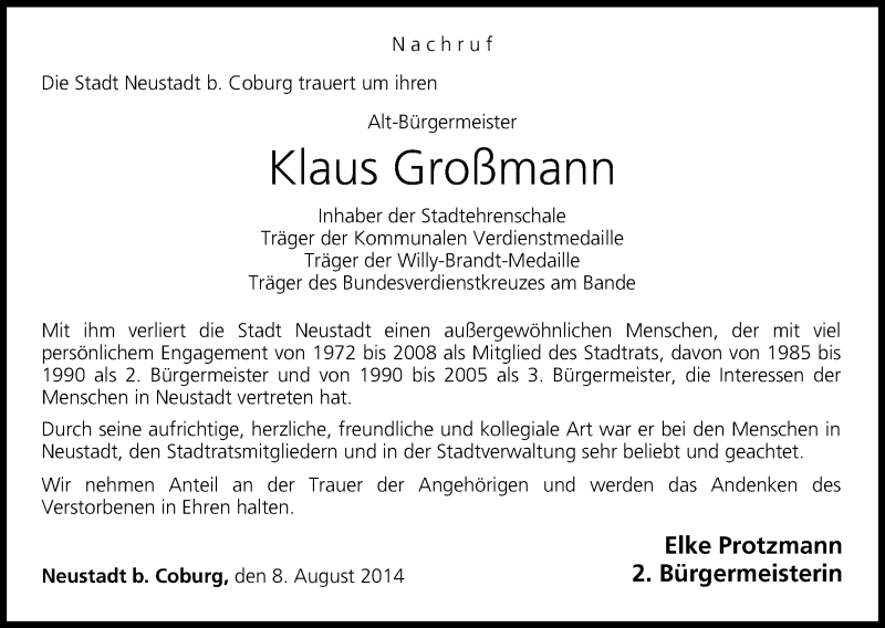  Traueranzeige für Klaus Großmann vom 08.08.2014 aus MGO