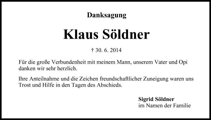  Traueranzeige für Klaus Söldner vom 09.08.2014 aus MGO