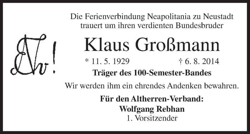  Traueranzeige für Klaus Großmann vom 09.08.2014 aus MGO