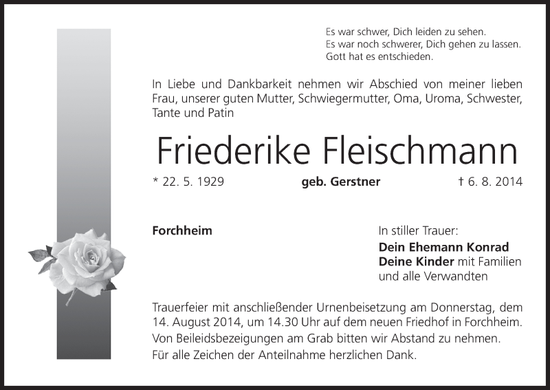  Traueranzeige für Friederike Fleischmann vom 09.08.2014 aus MGO