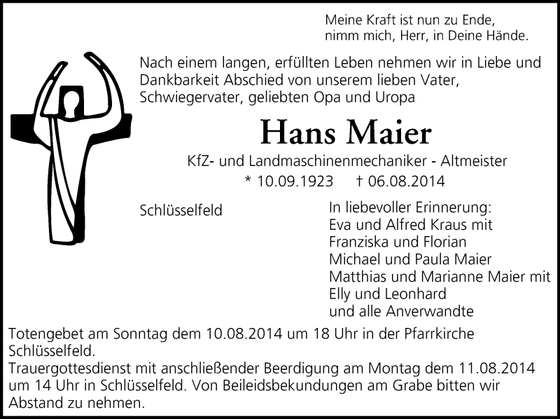  Traueranzeige für Hans Maier vom 09.08.2014 aus MGO