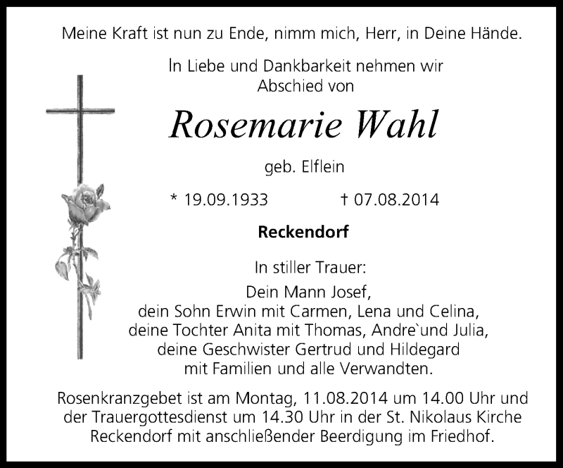  Traueranzeige für Rosemarie Wahl vom 09.08.2014 aus MGO