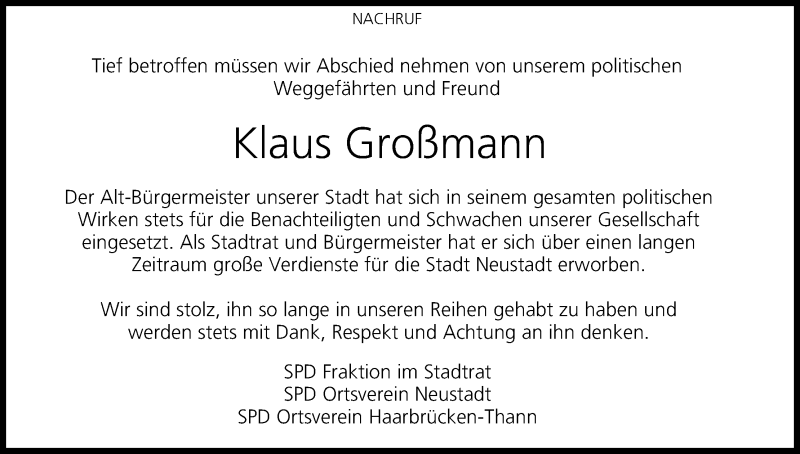  Traueranzeige für Klaus Großmann vom 09.08.2014 aus MGO