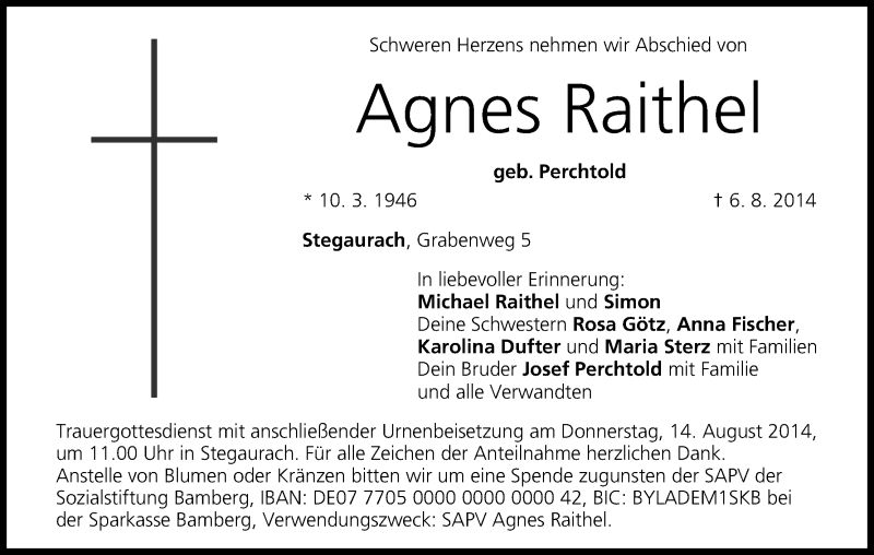  Traueranzeige für Agnes Raithel vom 09.08.2014 aus MGO
