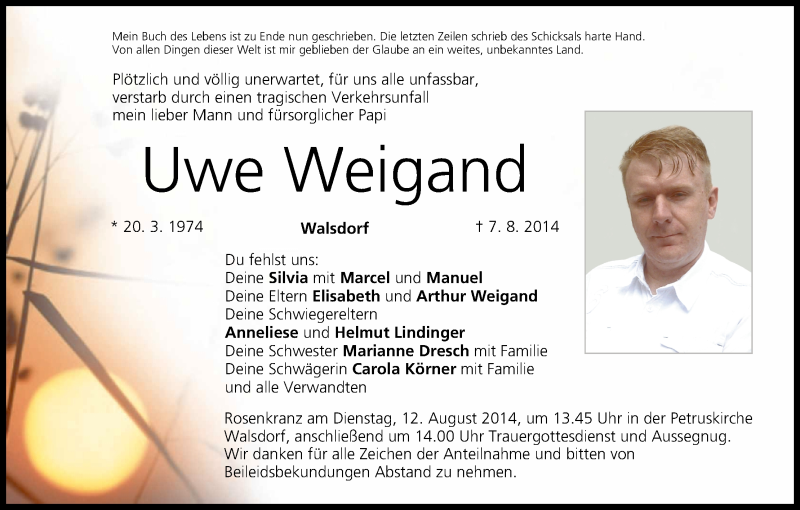  Traueranzeige für Uwe Weigand vom 09.08.2014 aus MGO