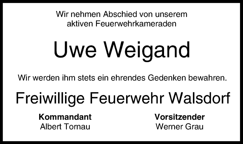  Traueranzeige für Uwe Weigand vom 11.08.2014 aus MGO