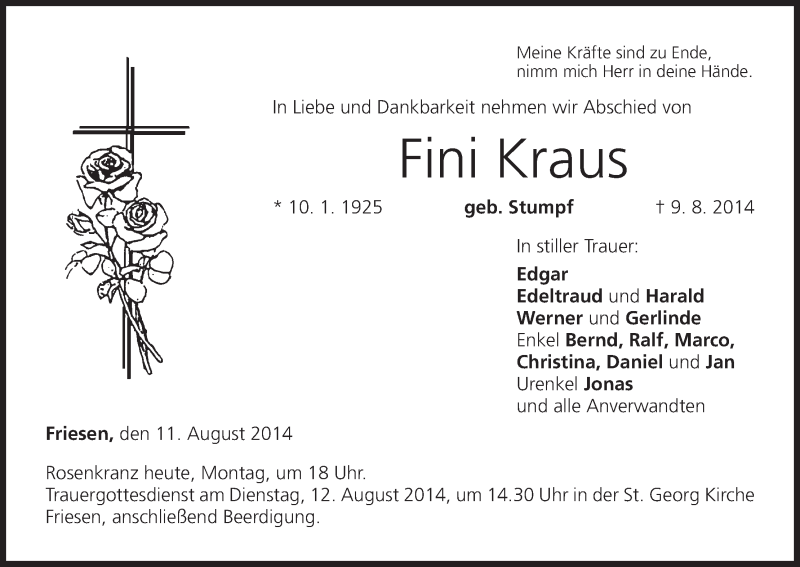  Traueranzeige für Fini Kraus vom 11.08.2014 aus MGO