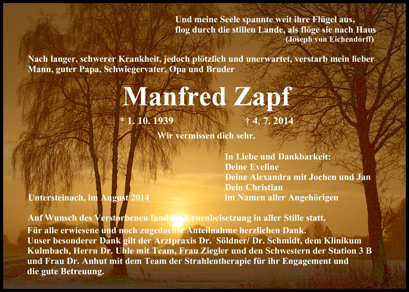  Traueranzeige für Manfred Zapf vom 16.08.2014 aus MGO