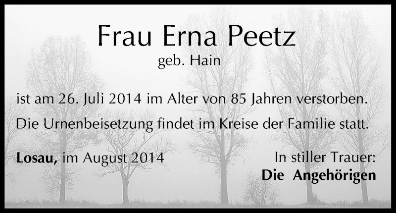  Traueranzeige für Erna Peetz vom 12.08.2014 aus MGO